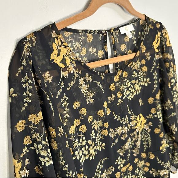 Charming Charlie Ditsy Dark Floral Flutter Sleeve Dress Black Tan Women Large - Picture 4 of 8